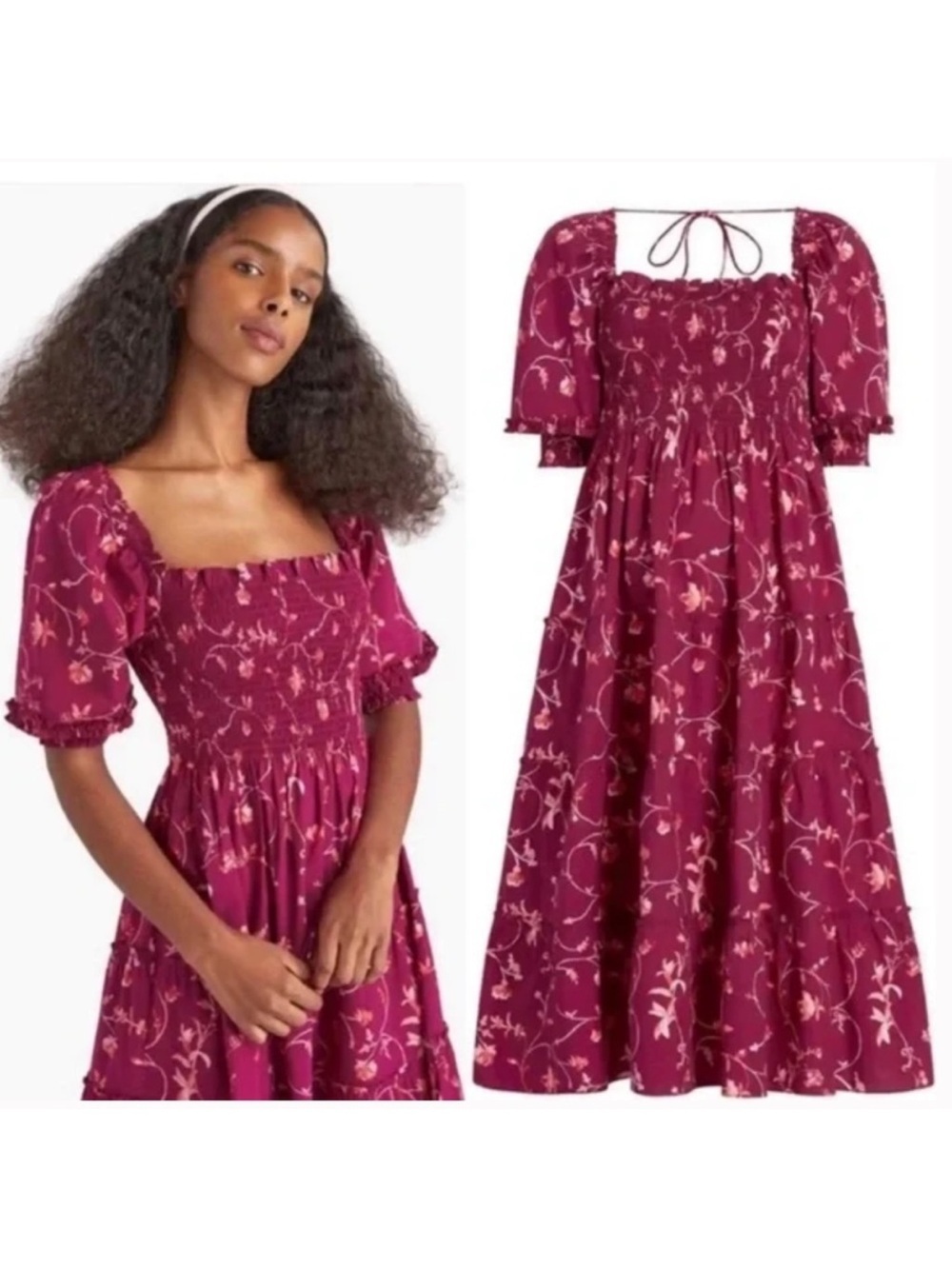 Hill House The Nesli Nap Midi Dress in Burgundy Botanical Floral Size S